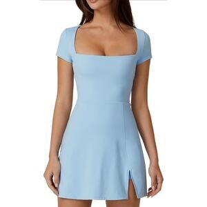 Tennis Dress for Women Square Neck Short Sleeve Skort w/ Pocket, Large, Blue
